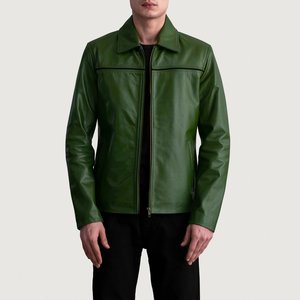 เสื้อแจ็คเก็ตหนังสีเขียวทรงเข้ารูปสำหรับผู้ชาย ยี่ห้อ RELEVO INDUSTRIES คอปกพับได้ ปิดด้วยซิป สไตล์นักขี่มอเตอร์ไซค์ เหมาะสำหรับใส่ในฤดูใบไม้ร่วง - Product Image 4