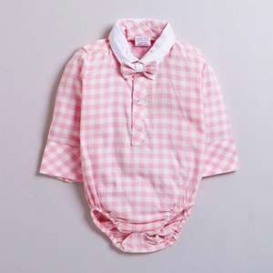 Polka Tots Partywear Mameluco de camisa a cuadros de manga larga con pajarita doble 100% algodón rosa - Product Image 3