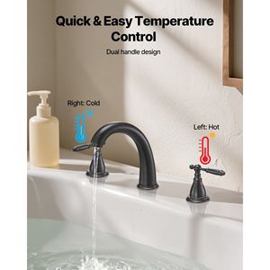 Set Rubinetto per Vasca Romana a Collo d'Oca, Design a Cascata a 3 Fori, 2 Maniglie, Montaggio su Bordo Vasca, per Lavabi e Vasche da Bagno - Product Image 6