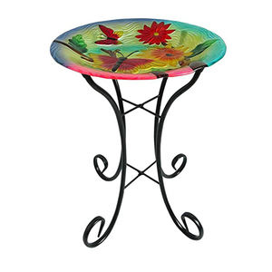 Bol en métal imprimé de fleurs Ornement de jardin pour la maison Bain d'oiseau moderne Bain d'oiseau en métal Support décoratif à quatre pattes - Product Image 1