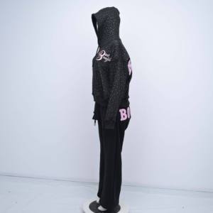 Ensemble survêtement homme taille haute imprimé intégral avec strass, sweat à capuche court et pantalon de survêtement évasé 500 GSM, vente en gros - Product Image 4