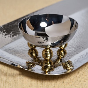 Bol de service rond en métal argenté et doré avec base sphérique, ustensile de cuisine artisanal, centre de table décoratif moderne, cadeau - Product Image 3