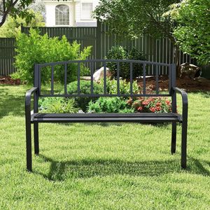 Banc de jardin extérieur résistant aux intempéries, banc de patio en métal avec dossier à lattes et accoudoirs incurvés pour jardin, cour, parc et patio - Product Image 6