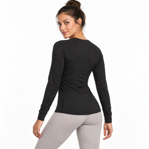Women's <b>Black</b> <b>Long</b> <b>Sleeve</b> Yoga <b>Top</b> Others Solid Color Breathable Four-Way Stretch Eco-Friendly Spandex Polyester Front Logo - Product Image 4