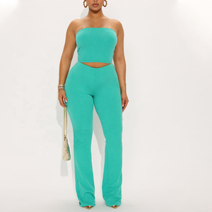 Conjunto de 2 piezas de punto acrílico turquesa para mujer, top sin tirantes y pantalón largo, estilo casual, holgado, para primavera y verano - Product Image 1