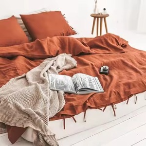 Juego de Funda Nórdica de Lino Lavado a la Piedra Color Marrón Óxido, Juego de Ropa de Cama de 3 Piezas de Color Sólido - Product Image 1