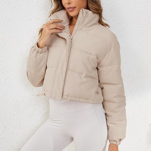 Women's Cropped Puffer Jacket Solid Color Stand Collar Zipper Closure Full <b>Sleeve</b> Winter Warm Outerwear Wholesale Puffer Jacket - Product Image 3