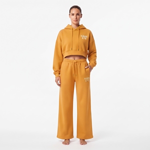Custom Logo Women <b>Crop</b> <b>Top</b> Cotton Fleece Full Sleeve Drop Shoulder Drawstring Hoodie And Wide Leg Jogger <b>Set</b> - Product Image 1