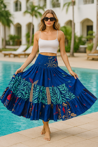 Jupe midi éco-responsable pour femme, style bohème vintage, patchwork de sari en viscose/polyester, coupe trapèze, motif floral, respirante et confortable - Product Image 4