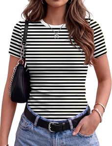 T-shirt en coton tricoté à rayures pour femme, col rond, manches courtes, coupe ajustée, décontracté, respirant, printemps-été - Product Image 1