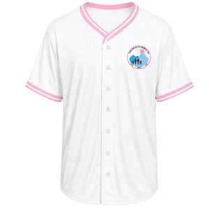Maillot de baseball blanc pour femme avec patch brodé, manches courtes, boutons sur le devant, col en V, bordure rose, vêtements de sport décontractés, tenue d'équipe - Product Image 1