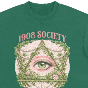 เสื้อยืดลายกราฟิกวินเทจสีเขียวสำหรับผู้หญิง รุ่น 1908 Society Hand Frayed Wash แขนสั้น สไตล์ลำลอง ขาดๆ แบบ Distressed เหมาะสำหรับใส่ในกลุ่มเพื่อนร่วมชั้นหรือสตรีทแฟชั่น - Product Image 5