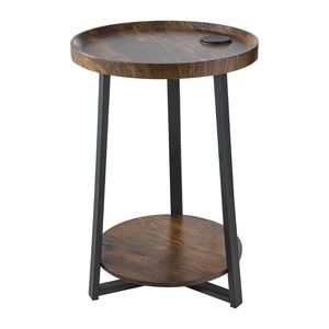 Modern 2-Tier <b>Round</b> <b>Side</b> <b>Table</b> End Nightstand with Open Storage Shelves AC USB Charging Port Wood Finish Bedside Desk - Product Image 1