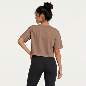 Camiseta Corta Marrón para Mujer, Cuello Redondo, Manga Corta, Corte Holgado, Color Sólido, 100% Algodón Jersey, Ropa Casual para Todas las Temporadas - Product Image 2