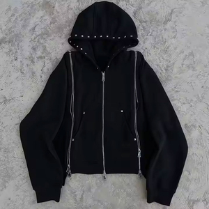 Men's Black Rhinestone <b>Tracksuit</b> Set Full Sleeve Zipper Hooded Casual Autumn Wear Solid Polyester Material Regular Fit - Product Image 2