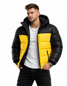 Veste matelassée à capuche bicolore pour homme, légère et chaude pour l'hiver, avec fermeture éclair, coupe-vent décontractée pour l'extérieur, noir et jaune - Product Image 1
