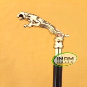 Canne de marche en bois avec poignée en laiton en forme de tête de jaguar et manche brun foncé |   Canne de marche décorative à motif animal, style vintage, cadeaux - Product Image 3