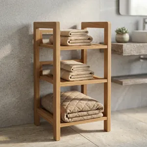 Étagère de rangement à 3 niveaux en bois de manguier, design minimaliste, organisateur gain de place pour salle de bain, cuisine, salon, porte-serviettes en bois - Product Image 4