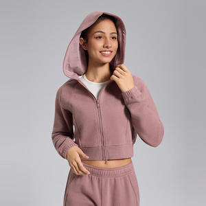 Chaqueta deportiva corta con capucha para mujer, con cremallera y terciopelo, ropa de gimnasio, informal, de manga larga, para yoga, otoño-invierno - Product Image 3