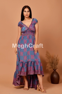 Recycled Silk Boho High Low <b>Maxi</b> <b>Dress</b> for Women V Neck Off Shoulder Styling Casual Party <b>Dress</b> Wholesale Bulk Export - Product Image 6