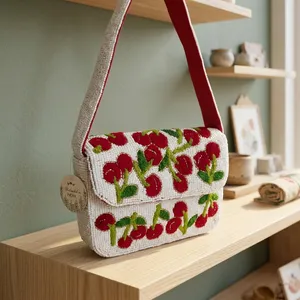 Beaded Shoulder Bag Women Single Strap Crossbody Flap <b>Purse</b> Eco-Friendly Cover Closure White <b>Red</b> Fruit Pattern - Product Image 5