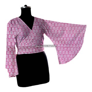 Top corto de algodón para fiesta, top corto de algodón para verano, top de moda para mujer con cuello en V profundo y lazo, blusa informal de algodón con lazo. - Product Image 2