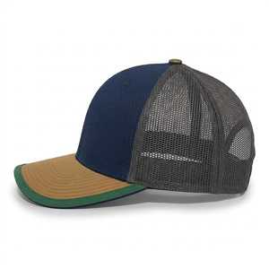 Unisex Multi-Panel Trucker <b>Hat</b> <b>Navy</b> Blue Mesh Back Tan Brim Green Trim Casual Adjustable Fit Embroidery Chains Four Seasons Wear - Product Image 2