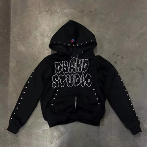 ชุดเซ็ตเสื้อฮู้ดดี้และกางเกงขายาวทรงบอยเฟรนด์ประดับเพชรเทียม ผลิตตามแบบ OEM ผู้ผลิตตามสั่ง กางเกงเอวสองชั้นทรงหลวมซ้อนกัน ชุดวอร์มแบบซิป - Product Image 3