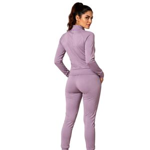 Conjunto Deportivo de Dos Piezas para Mujer, Top Deportivo de Manga Larga con Cierre de Cremallera y Pantalones Jogger Color Lavanda - Product Image 4