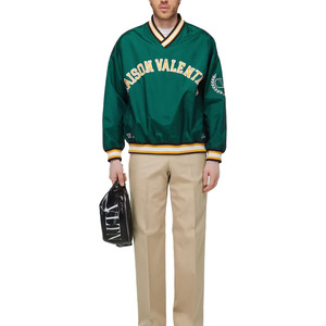 Blouson bomber vert en satin pour homme, col en V, logo brodé, coupe classique, style preppy automne, coupe-vent - Product Image 3