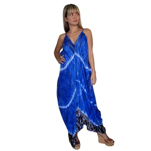 Vestido largo de rayón azul con efecto tie-dye para mujer, cuello en V profundo, sin mangas, espalda descubierta, estilo bohemio, vestido largo fluido para la playa - Product Image 1