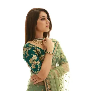 Beautiful Designer Mint Green Soft Net Sequence Embroidery Work Saree Blouse For Wedding & Party Wear Ladies Shari Wholesale