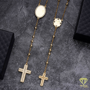 Collier avec pendentif croix doré, chaîne perlée, détail médaillon religieux, accents en cristal, bijoux de mode pour femmes - Product Image 2