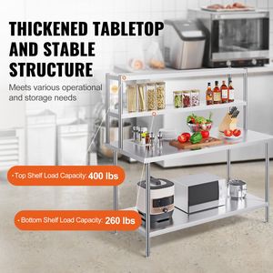 Tavolo da Lavoro Commerciale a Doppio Ripiano in Acciaio Inox, 12 x 60 Pollici, Altezza Regolabile, con Ripiano Superiore, per Cucina Professionale - Product Image 3