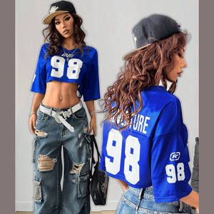 Maillot de football américain pour femme, manches longues, crop top sportif, maillot court en mesh avec numéro, style Y2K années 90, col en V, tee-shirt graphique streetwear - Product Image 1