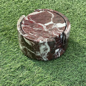 Ensemble de six sous-verres en marbre rouge Rosso Levanto avec support, sous-verres en pierre faits à la main - Product Image 1