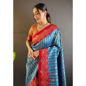 Sari en soie tissée Elite Weaves bleu contrastant avec bordure en satin unique, élégant sari indien - Product Image 2