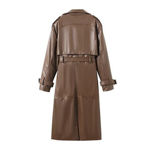 Manteau long en cuir d'agneau véritable marron avec ceinture, col rabattu, manches longues, imperméable, fermeture à un bouton - Automne Femme - Product Image 2