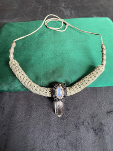 Handmade Macrame Moonstone & Quartz Crystal <b>Necklace</b> Boho Choker Gray Cord <b>Statement</b> Healing Gemstone Jewelry - Product Image 2