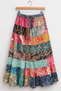 Assorted New Patch Layer Bohemian Silk <b>Patchwork</b> Tiered Ankle-Length Breathable Pleated Festival <b>Skirt</b> - Product Image 2