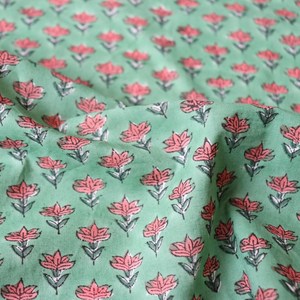 Hand Block Printed Cotton Fabric <b>Mint</b> Green Floral Buti Print Indian Handmade Soft Cotton <b>Dress</b> Material - Product Image 1