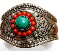 Bracelets tibétains classiques multicolores plaqués argent avec motif floral et pierres turquoise, taille ajustable pour femmes