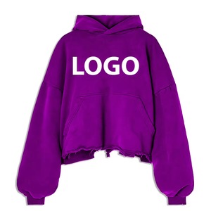 Hoodie court oversize violet en coton et polyester, coupe carrée, épaules tombantes, options d'effets de lavage disponibles, MOQ 10, manches classiques - Product Image 1