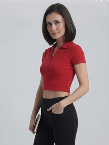 Top Corto Personalizado para Mujer, Estilo Veraniego, Ajustado, Manga Corta, Color Sólido, Tejido de Punto, Cuello Camisero - Product Image 5