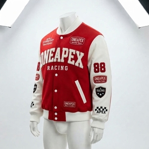 เสื้อแจ็คเก็ตเบสบอลผู้ชายสีแดงขาว แจ็คเก็ตเลตเตอร์แมน แจ็คเก็ตบอมเบอร์ ปักลายปะติด สตรีทแวร์ ขายส่ง - Product Image 2
