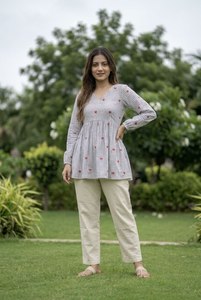 TOP AND PENT <b>SET</b> COTTON WITH HEART WMBROIDDERY WORK WITH FULL SLEEVE FULLY STITCHED V NECK <b>LINEN</b> COTTON - Product Image 2