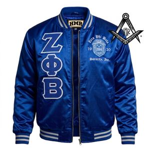 Chaqueta Bomber Universitaria Azul Marino de Satén con Letras Griegas Bordadas Personalizadas de la Hermandad Zeta Phi Beta, Ecológica y Transpirable - Product Image 1