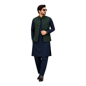 Conjunto de Kurta y Pijama Tradicional de Algodón para Hombre con Chaleco Verde, Color Sólido, Estilo Casual, Corte Regular, para Todas las Temporadas, Estilo Indio-Pakistaní - Product Image 1