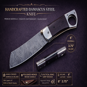 มีดพับตัดซิการ์เหล็กดามัสกัสแบบกำหนดเอง ด้ามไม้เวงเก้ ขนาด 8 นิ้ว |   กรีนฮิลส์ ไนฟ์ส - Product Image 1