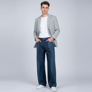 Jean pour homme de style décontracté moderne, coupe large, design décontracté, denim bleu foncé avec motif laser color-block - Product Image 1